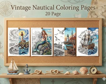 Vintage Nautical Coloring Pages for Adults, 20 Page Maritime Ocean Scenery, Antique Sea Creature Art, Lighthouse Ship PDF, Digital Download