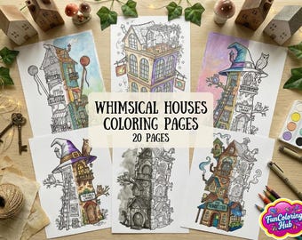 Whimsical House Coloring Page, Wonky Buildings Adult Coloring Book, Fairy Tale Architecture, Vertical Stack Houses, Digital Download