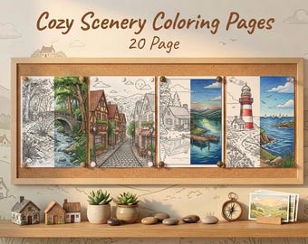 Cozy Scenery Coloring Pages for Adults, 20 Aesthetic Landscape Sheets, Peaceful Cottagecore Art, Nature Cabin Escape, PDF Download