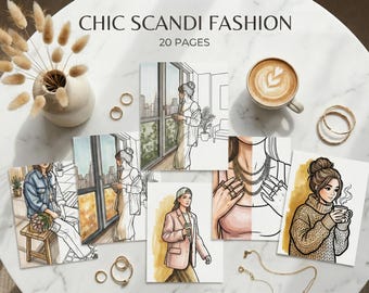 Libro da colorare sulla moda scandinava, 20 pagine da colorare di moda minimalista per adulti, stile di strada estetico, download digitale, PDF stampabile