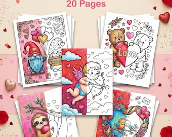 Valentine's Day Coloring Pages Bundle, 20 Printable Heart Activity Sheets for Kids and Adults, Digital Download, Romantic Mandala Gift
