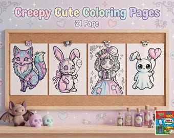 Creepy Cute Coloring Pages for Teens, 20 Pastel Goth & Spooky Kawaii Sheets, Bold and Easy Coloring Book PDF, Anxiety Relief, Digital