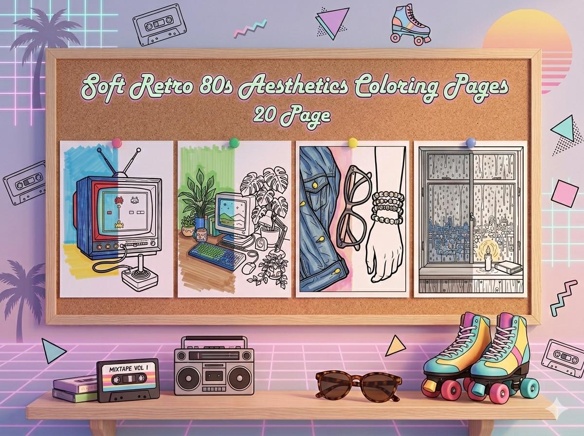 Retro 80s Aesthetic Coloring Pages for Adults, 20 Lo-fi Nostalgia ...