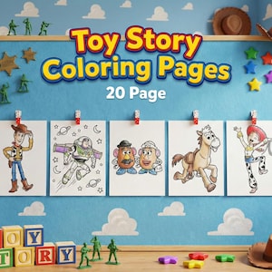 May include: A framed display featuring "Toy Story Coloring Pages" with 20 pages. The display includes drawings of Woody, Buzz Lightyear, Mr. Potato Head, Bullseye, and Jessie. Toy Story blocks, a rocket, and toy soldiers are also present.
