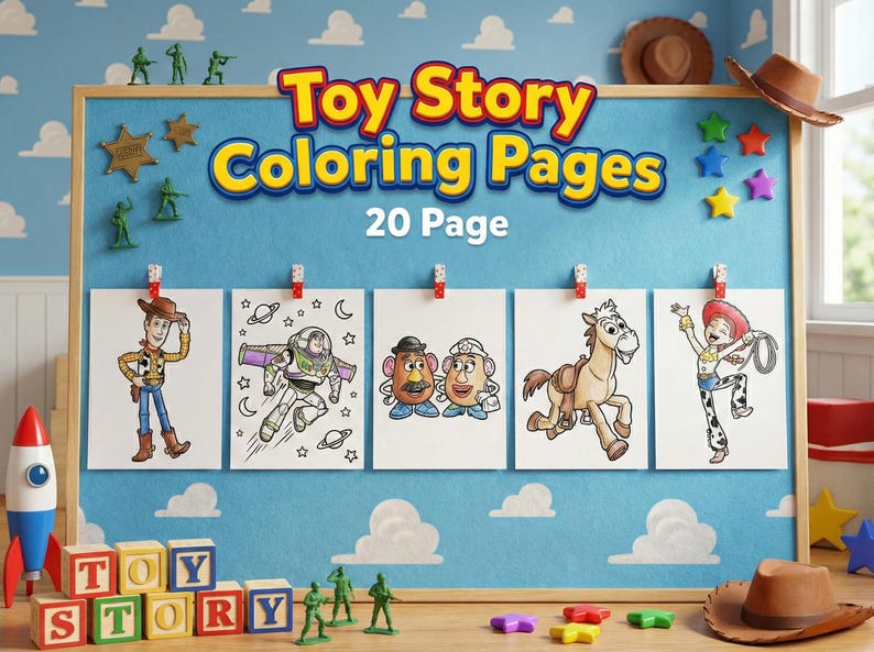 Toy Story printable coloring pages set, 20 page pack. Mockup showing 5 coloring sheets with Woody, Buzz Lightyear, Mr. and Mrs. Potato Head, Bullseye, and Jessie hanging on a wall in a playroom setting.