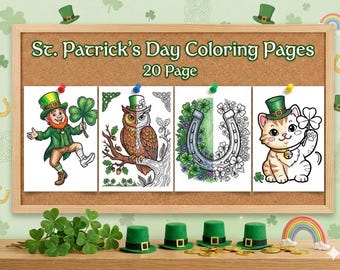 St Patricks Day Coloring Pages for Kids and Adults, 20 Lucky Shamrock & Leprechaun Sheets, March Classroom Activity, Pot of Gold PDF