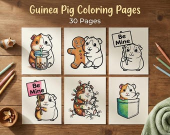 Kawaii Guinea Pig Coloring Book, Bold and Easy, Christmas, Valentine's (Printable PDF)