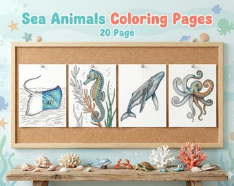 Sea World Coloring Pages for Kids, 20 Ocean Animals Printable, Under the Sea Sheets, Preschool Activity, Dolphin Shark Mermaid, PDF