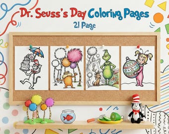 Dr Seuss Day Coloring Pages for Kids, Read Across America Week Activities, 21 Whimsical Character Sheets, Classroom Art, PDF Download