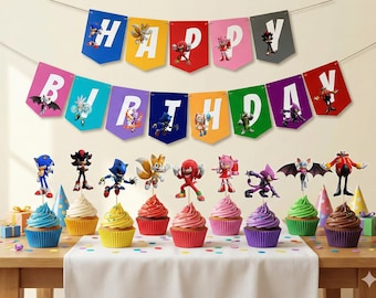 Paquete de fiesta de cumpleaños de Sonic, pancarta de Sonic imprimible y adornos para cupcakes, decoraciones de cumpleaños de videojuegos, descarga instantánea de Sonic