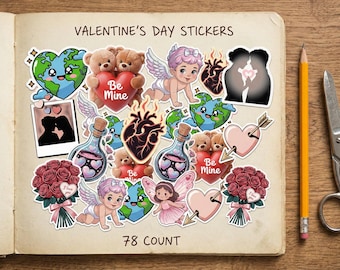 78 Count Valentine's Day Sticker Pack - Cute Die-Cut Stickers for Planners, Scrapbooking, Journaling, & Crafts - Romantic Gift for Her, DIY