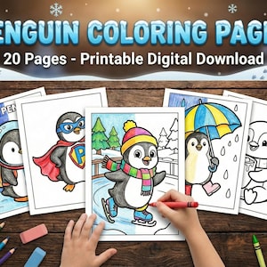 May include: A collection of penguin coloring pages with the text "Penguin Coloring Pages" and "20 Pages - Printable Digital Download". The pages feature various penguin illustrations, including a superhero penguin and a penguin ice skating. Colored pencils and a hand holding a crayon are visible.