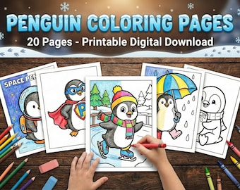 Cute Penguin Coloring Book, 20 Bold and Easy Pages, Simple Winter Activity for Toddlers and Seniors, Printable Digital Download, Thick Lines