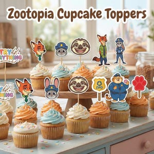 May include: Cupcakes with white, orange, and blue frosting, decorated with Zootopia character toppers. The toppers feature characters like Nick Wilde, Judy Hopps, and Flash. The image also includes toppers with the text "Try Everything".
