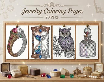 Jewel Coloring Pages for Adults, 20 Crystal Gemstone Sheets, Ornate Jewelry Design Art, Diamond & Royal Crown PDF, Stress Relief, Digital