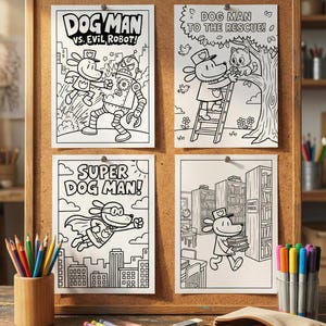 Puede incluir: Un corcho muestra cuatro p&aacute;ginas para colorear en blanco y negro de "Dog Man". Las p&aacute;ginas presentan ilustraciones del personaje de Dog Man en varias escenas, con texto como "Dog Man vs. Evil Robot!" y "Super Dog Man!". L&aacute;pices de colores, crayones y rotuladores rodean el tablero.