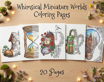 Miniature Worlds Coloring Book | Steampunk, Cottagecore (PDF)