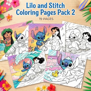 May include: A pack of Lilo and Stitch coloring pages featuring various scenes with Lilo and Stitch. The pages are partially colored with colored pencils and surrounded by tropical flowers and pencils. The text "Lilo and Stitch Coloring Pages Pack 2" is visible.