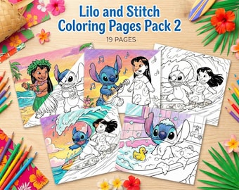 Stitch Coloring Pages Pack 2, 19 Page Lilo and Stitch Printable, Kids Activity Set, Digital Download PDF, Stitch Birthday Party Activity