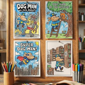 Puede incluir: Un corcho muestra cuatro p&aacute;ginas para colorear de "Dog Man" con ilustraciones coloridas. La pancarta superior dice "Dog Man Coloring Pages". Las p&aacute;ginas presentan escenas con el personaje de Dog Man, un robot y un gato. L&aacute;pices de colores y crayones est&aacute;n sobre una superficie de madera.