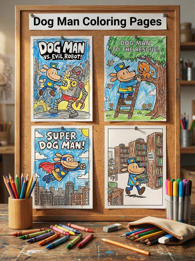 Puede incluir: Un corcho muestra cuatro p&aacute;ginas para colorear de "Dog Man" con ilustraciones coloridas. La pancarta superior dice "Dog Man Coloring Pages". Las p&aacute;ginas presentan escenas con el personaje de Dog Man, un robot y un gato. L&aacute;pices de colores y crayones est&aacute;n sobre una superficie de madera.