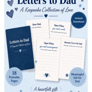 Könnte beinhalten: Eine druckbare Sammlung mit dem Titel Letters to Dad: A Keepsake Collection of Love, bestehend aus einem dunkelblauen Einband und weißen Schreibpapierseiten mit Aufforderungen wie Dear Dad, Open When you need a smile und 18 Seiten.