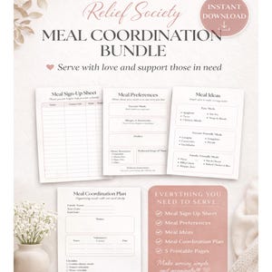May include: A digital download bundle for meal coordination, featuring printable sheets for meal sign-ups, preferences, ideas, and planning. The design is in soft pink and white, with text that reads "Relief Society Meal Coordination Bundle."