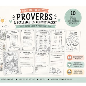 May include: A 10-page activity packet titled Come, Follow Me 2026 Proverbs & Ecclesiastes. The set includes black and white printable sheets with scripture study, word games, and coloring pages featuring a temple, owl, and lantern illustrations.