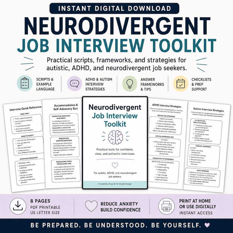 A digital Neurodivergent Job Interview Toolkit featuring eight pages of practical scripts, frameworks, and strategies for job seekers. The document includes sections on ADHD and autism interview strategies, self-advocacy, and prep support.