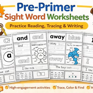 Puede incluir: Hojas de trabajo de palabras de vocabulario Pre-Primer, 20 páginas, para practicar la lectura, el trazado y la escritura. La imagen muestra hojas de trabajo con las palabras "and", "away" y "blue". También hay ilustraciones de un mono, un perro y crayones.