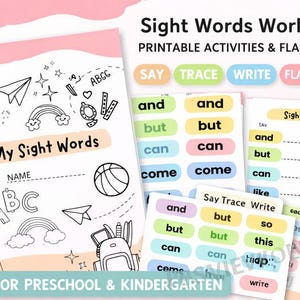 May include: A workbook and flash cards for preschool and kindergarten sight words. The cover of the workbook has the text "My Sight Words" and includes illustrations of a basketball, a soccer ball, a rainbow, and a paper airplane. The flash cards have the words "and", "but", "can", and "come".
