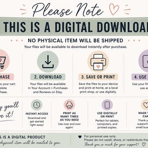 May include: An instructional graphic for a digital download product. It features four steps: purchase, download, save or print, and use. It includes sections titled Please Note, Why you'll love it, and This is a digital product with icons and text.