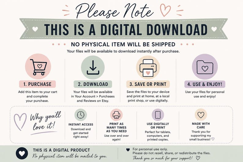 May include: An instructional graphic for a digital download product. It features four steps: purchase, download, save or print, and use. It includes sections titled Please Note, Why you'll love it, and This is a digital product with icons and text.