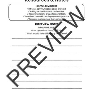 A white document titled Resources & Notes featuring a section for Helpful Reminders with five bulleted points, an Interview Notes section with three questions, and a series of horizontal black lines for handwritten notes.