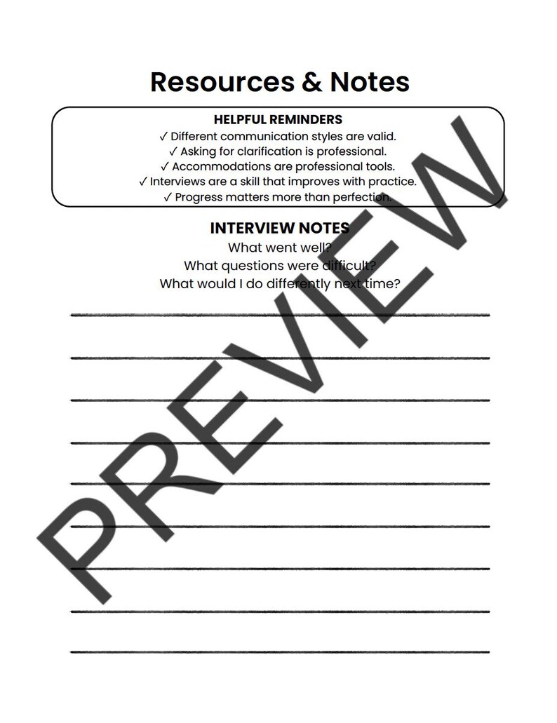A white document titled Resources & Notes featuring a section for Helpful Reminders with five bulleted points, an Interview Notes section with three questions, and a series of horizontal black lines for handwritten notes.