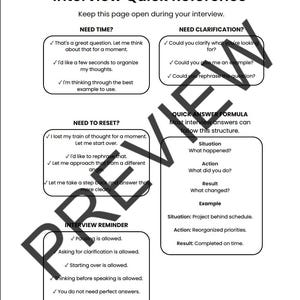 A white document titled Interview Quick Reference with black text. It includes sections for Need Time, Need Clarification, Need to Reset, and Interview Reminder, plus a Quick Answer Formula with Situation, Action, Result, and Example.