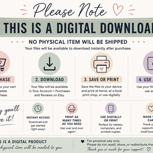 May include: An instructional graphic for a digital download product. It features four steps: purchase, download, save or print, and use. It includes sections titled Please Note, Why you'll love it, and This is a digital product with icons and text.