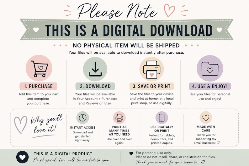 May include: An instructional graphic for a digital download product. It features four steps: purchase, download, save or print, and use. It includes sections titled Please Note, Why you'll love it, and This is a digital product with icons and text.
