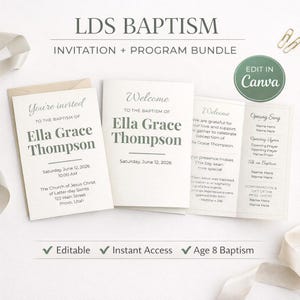 Pode incluir: Um pacote de convite e programa para um batismo SUD. O convite diz "Você está convidado para o batismo de Ella Grace Thompson" e inclui a data, hora e local. O programa detalha a ordem do serviço.