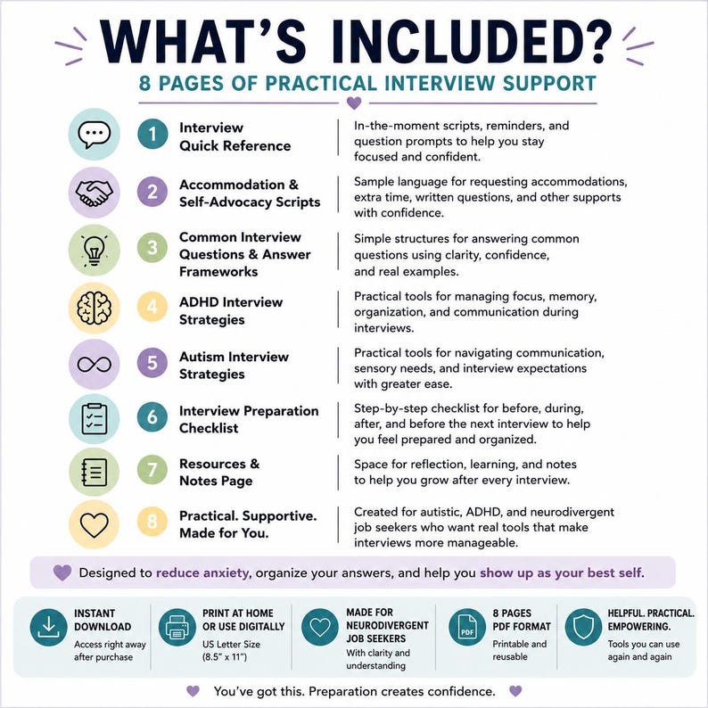 An 8-page digital interview support guide featuring sections on quick reference, self-advocacy scripts, interview questions, ADHD and autism strategies, checklists, and notes. Includes instant download, PDF format, and US letter size 8.5 x 11 inches.