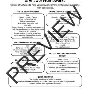 A black and white document titled Common Interview Questions & Answer Frameworks. It features structured guides for answering questions like Tell Me About Yourself, What Are Your Strengths, What Is A Weakness, and Why Do You Want This Job.