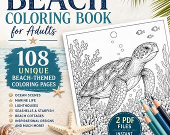 Adult Beach Coloring Book | 108 Unique Ocean & Marine Life Pages (Digital Download)