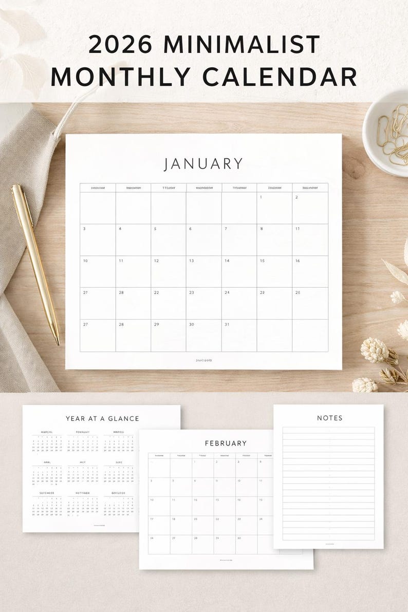 2026 Minimalist Calendar Printable A4 | Clean & Modern Design - Etsy