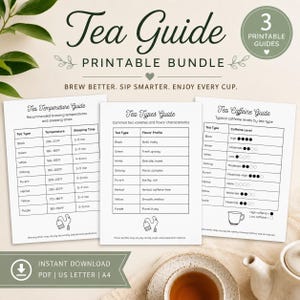 May include: A printable tea guide bundle featuring three white sheets with black text and tables. The guides are titled Tea Temperature Guide, Tea Types Guide, and Tea Caffeine Guide, providing information on brewing temperatures, flavor profiles, and caffeine levels for various tea types.