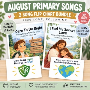 Op de afbeelding: Een 2-liedjes flipchartbundel voor 2026 Come, Follow Me, met Dare to Do Right en I Feel My Savior's Love. De set bevat in totaal 32 pagina's met kleurrijke illustraties van een kind en een figuur, plus tekst en een groen CTR-schildpictogram.