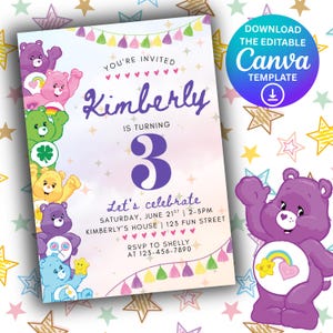 Care Bear Birthday, Invitation Template, Editable Canva, Kids Birthday Invite, Rainbow Theme Party Invitation, Printable Instant Download