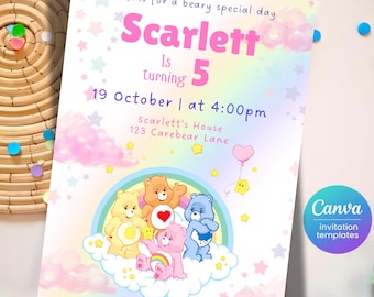 Convite de aniversário infantil Ursinhos Carinhosos - Modelo editável no Canva, convite divertido para festa com tema de arco-íris e estrelas, download instantâneo para impressão.