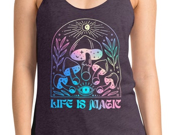 Women's cottage core tank top, Life is Magic, witchy mushroom art summer shirt