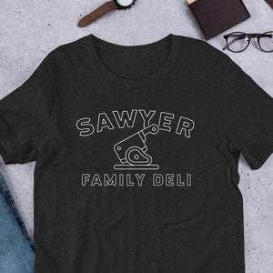 Horror fan unisex t-shirt, Chainsaw Sawyer Family Deli, gift for horror movie lover