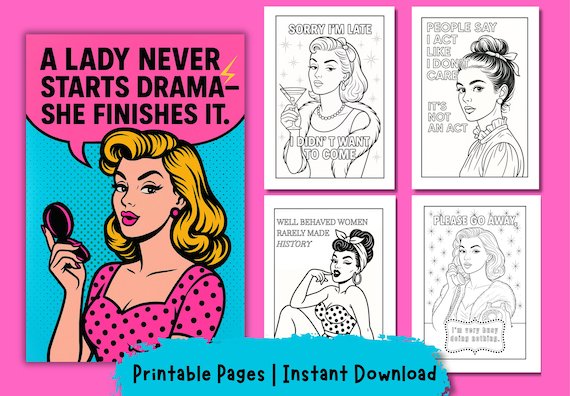 Retro Coloring Book: Sassy Vintage Ladies, Bold Quotes (PDF Downloadable Parts + ZIP Bonus File)